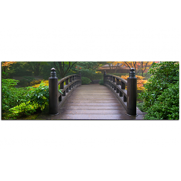 Obraz na plátně - Dřevěný most v podzimní zahradě - panoráma